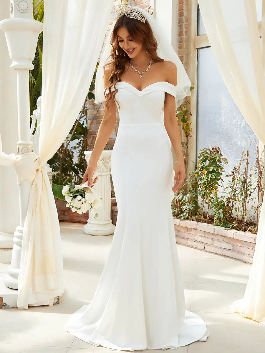 Elegant Wedding Dresses Plain Wholesale Solid Color Off Shoulder Sleeves 2025 Ever Pretty of Fishtail Cream Bridal Women Dress