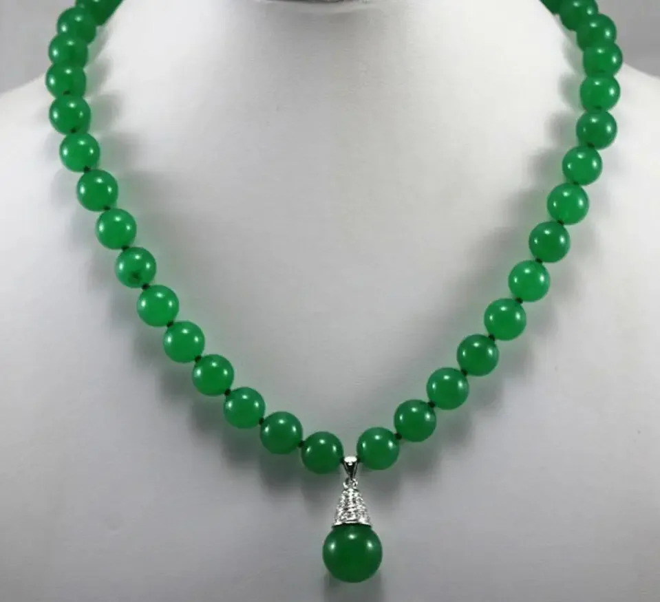 

decent and charm 8mm green Jade necklace match 14mm silver plated Jade pendant necklace for wedding