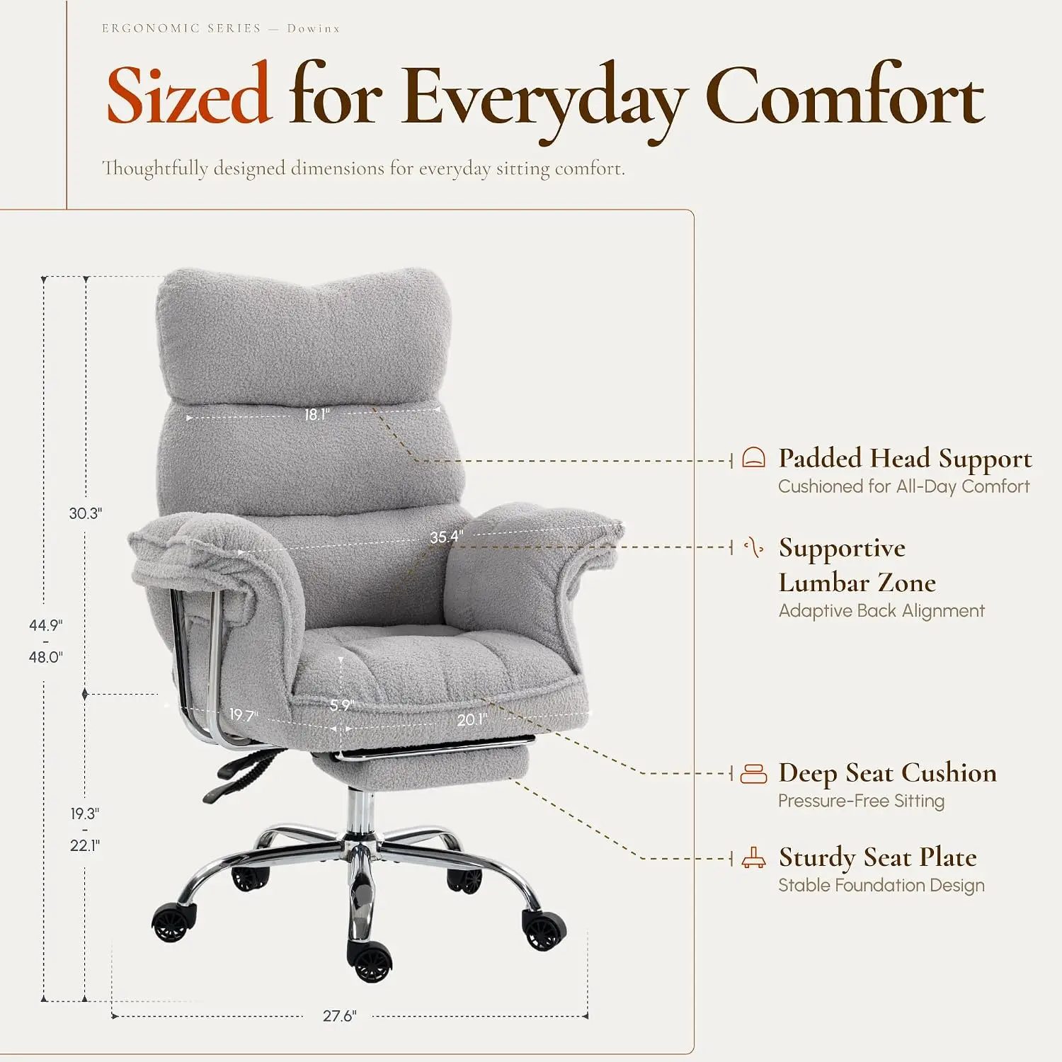 Ergonomic Office Chair Wide Seat Thick Cushion High Back Reclining Teddy Fleece Criss Cross Chair With Footrest Gray, Customized