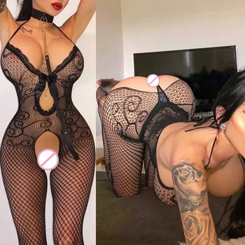 Heiße schwarze sexy Dessous ouvert transparente Netzstrümpfe Frauen Bodystockings erotische offene BH Body offener Schritt exotische Kostüme