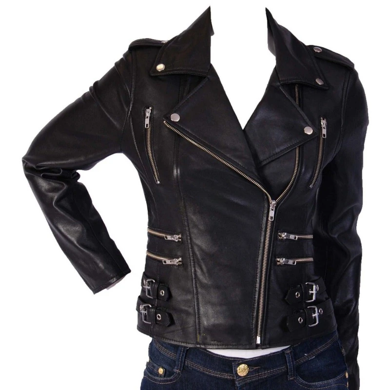 

Women Fashion Collar Genuine Lambskin Real Leather Jacket Black Motorcycle Coat