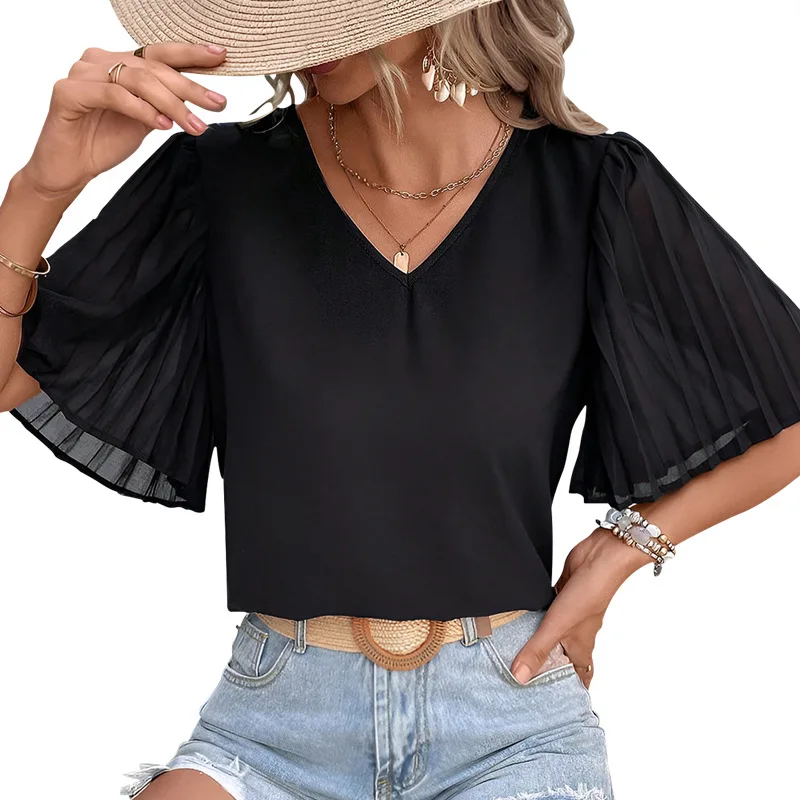 

V Neck Blouse Ruffle Short Sleeve Solid Blouse Casual Loose Summer Blouse Lightweight Breathable Women Elegant Everyday Top