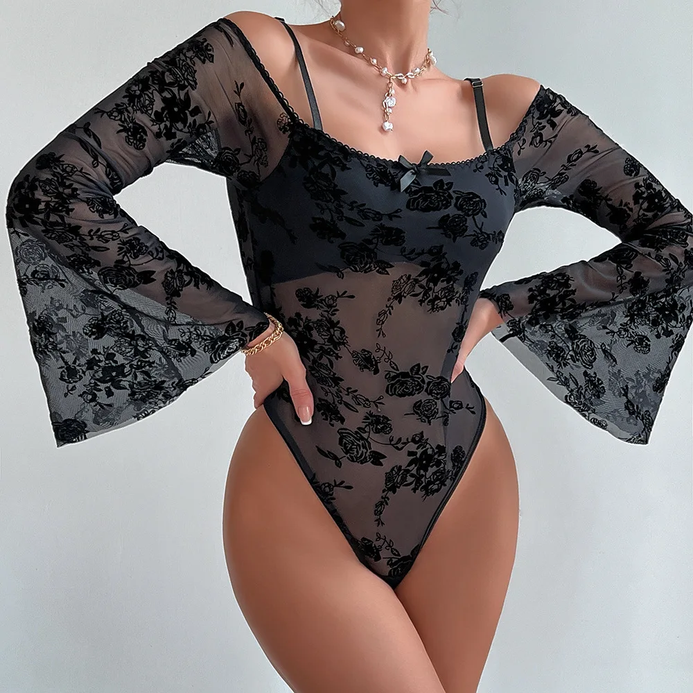 Bodysuits de perspectiva de renda bordados florais femininos, bodysuits sexy, tops fora do ombro, camisetas de manga longa queimadas, lingerie sexy bodysuit