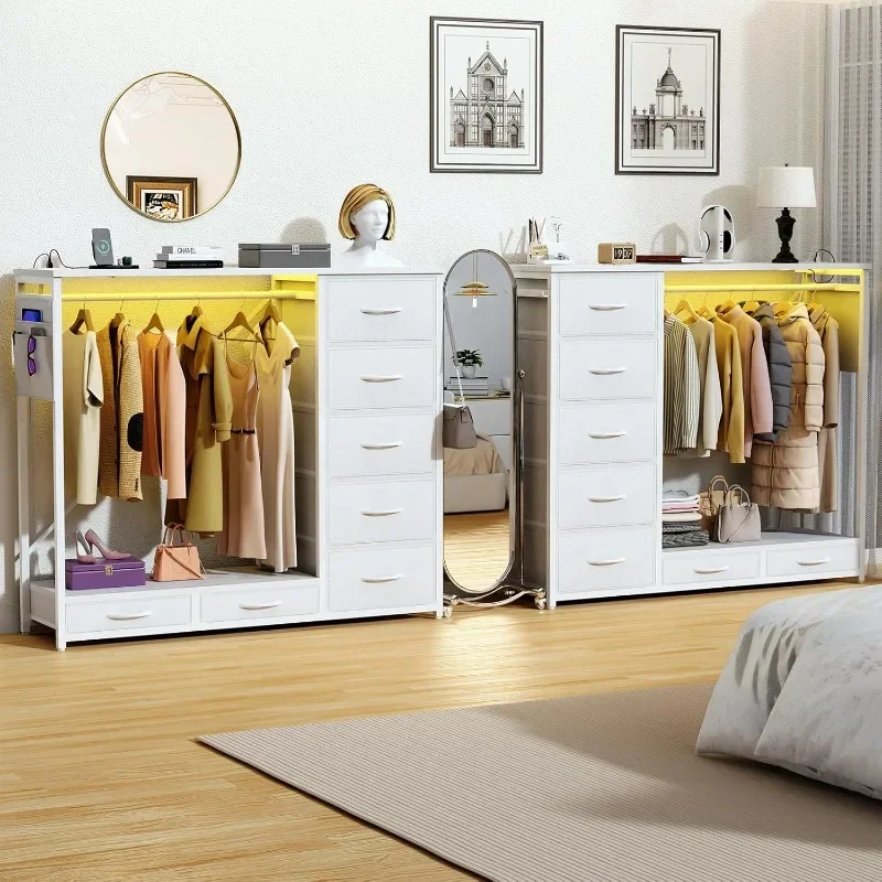 Cômoda para casa e cozinha para quarto com luzes LED e estação de carregamento, baú de armazenamento com 7 gavetas com ganchos e coágulo