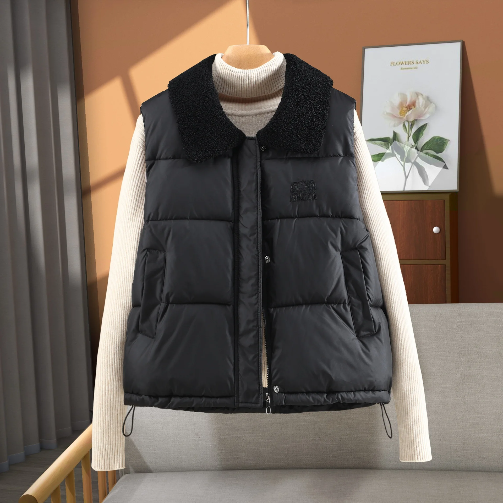 Women Parkas Vest Sleeveless Oversize Coats Solid Wool Turn Down Collar Drawstring Hem Zipper Thick Loose Casual 2025 Winter