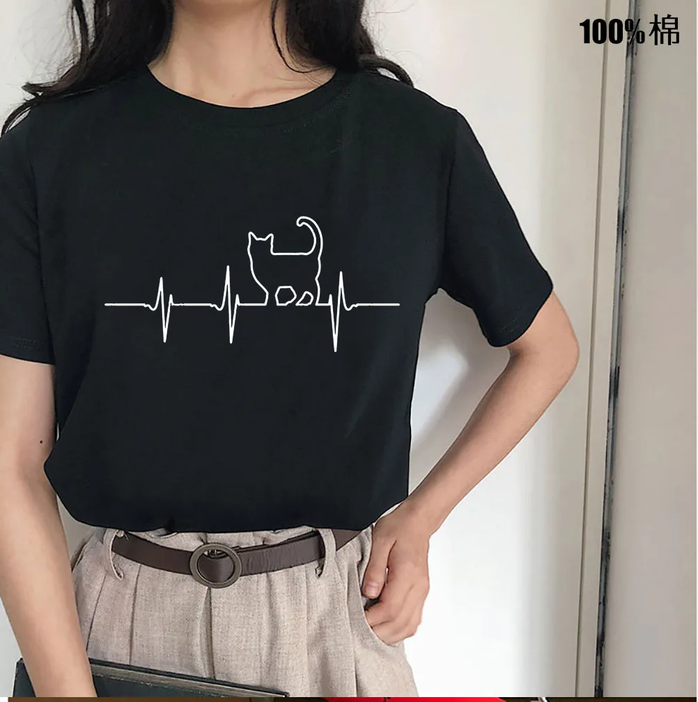 Cat Heartbeat heart line Print Women tshirt Cotton Casual Funny t shirt For Lady Girl Top Tee Hipster Tumblr Drop Ship