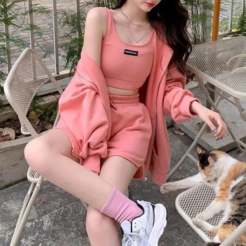 3 Piece Sets Women 2024 Sexy Pink Sports Joggers Crop Tank Tops Y2K Female Casual Streetwear Zipper Hoodies Loose Shorts Outfits