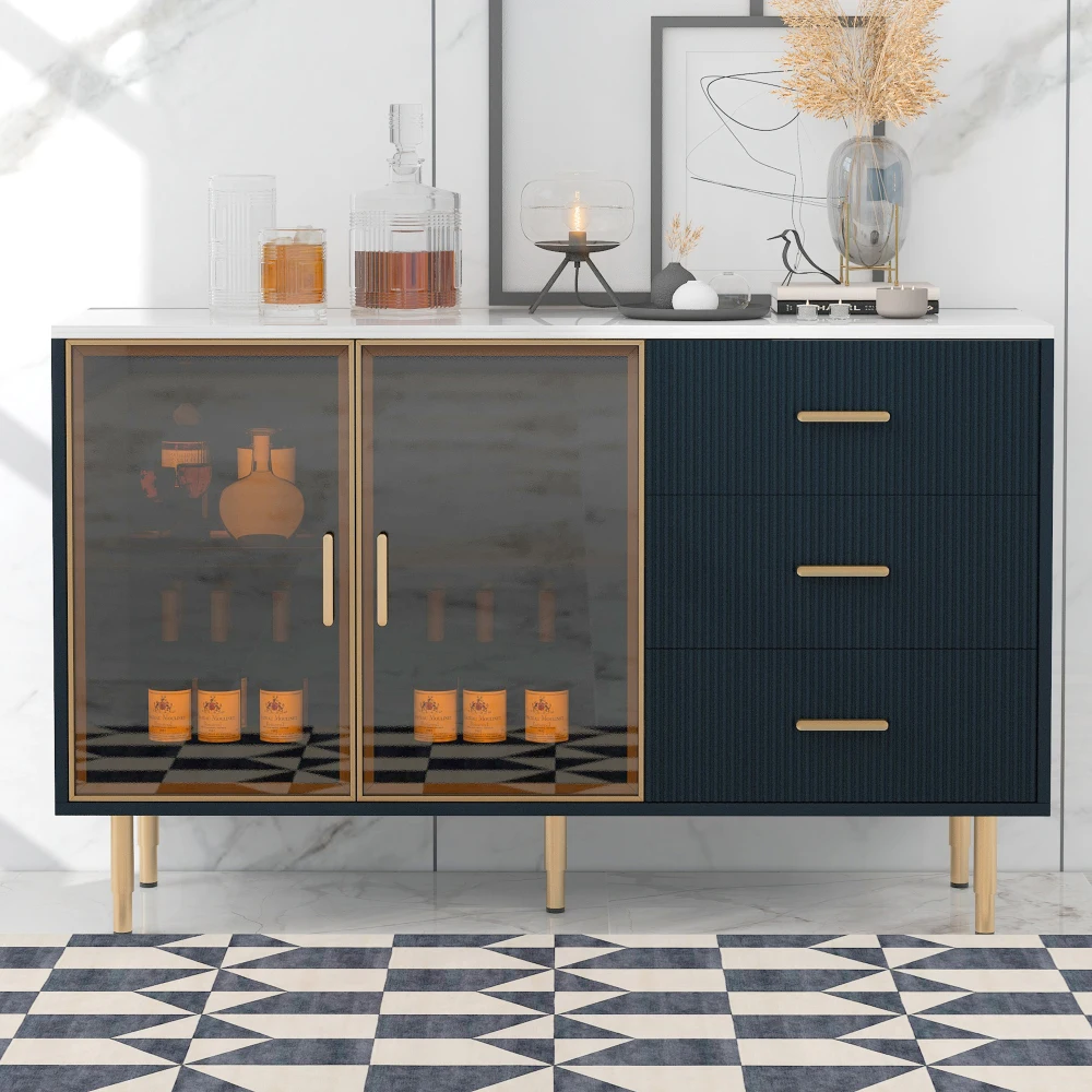 TREXM Modern Sideboard MDF Buffet Cabinet Marble Sticker Tabletop and Amber-yellow Tempered Glass Doors with Gold Metal Legs