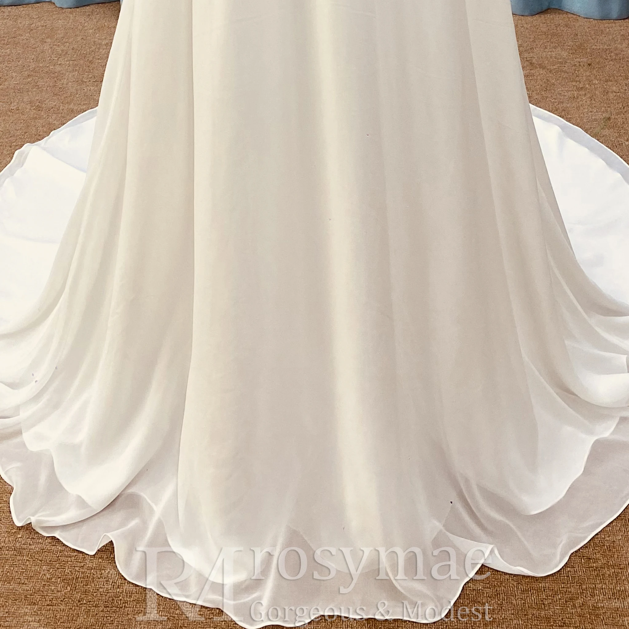 Gaun Pengantin Rosymae Elegan Model V-Neck Bahan Chiffon dengan Lengan Pendek untuk Calon Pengantin