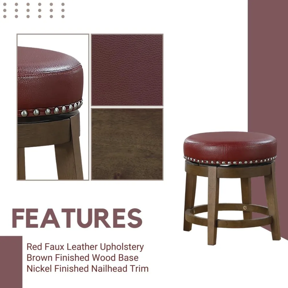 2 piece round kitchen swivel table stool, 19.5 inches high, upholstered in red faux leather, with nickel nail head trim