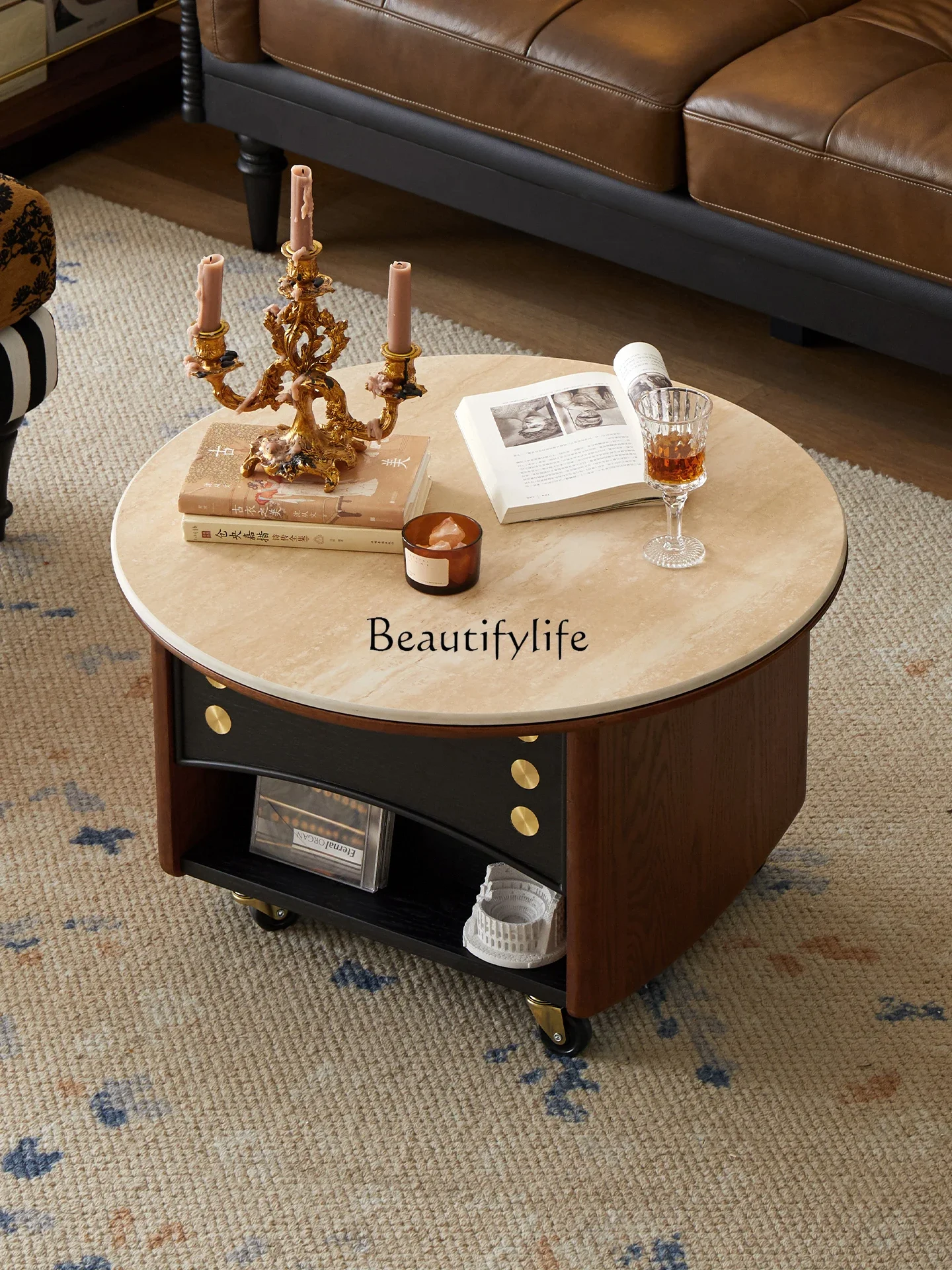 

ls 51 Medieval solid wood lifting coffee table folding rock slab trolley movable tea table