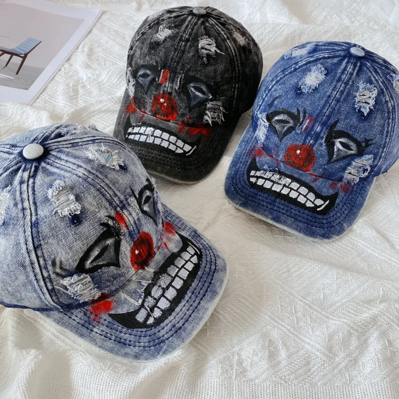 Clown cowboy baseball cap, large head circumference, hand-painted graffiti hat, unisex distressed cap, driver's cap