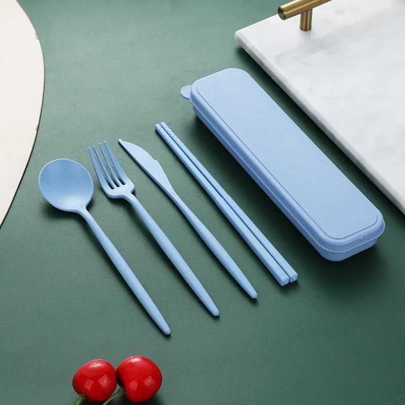 Trigo Palha Talheres Set para Crianças e Adultos, Colher, Garfo, Pauzinhos, Talheres Box, Louça, Viagem, Portátil, Acessórios de Cozinha, 4pcs