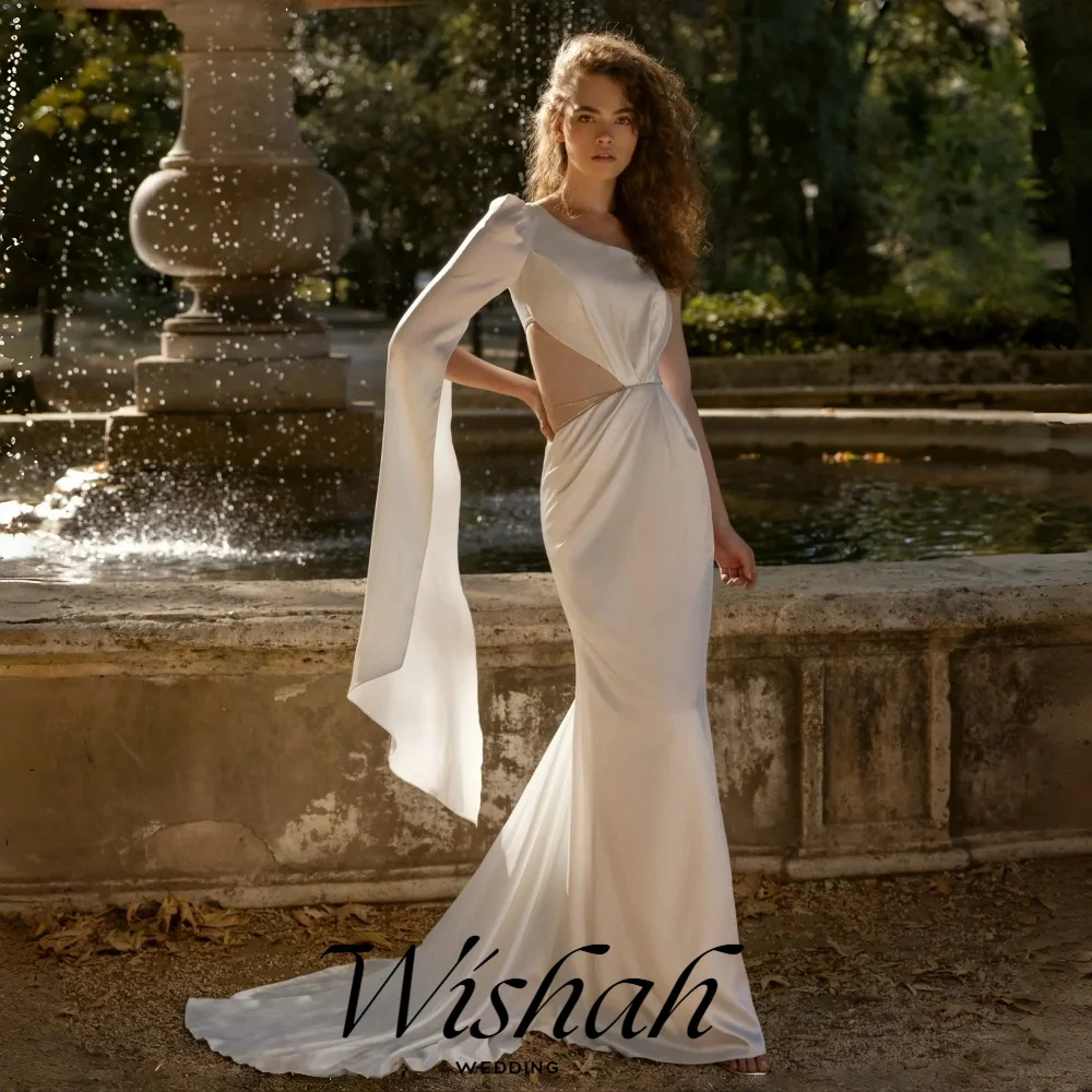 Wishah Customized Weeding Dress Elegant One-shoulder Irregular Neck Beading Button Back Pleated Mermaid Sheath Long Bridal Gown