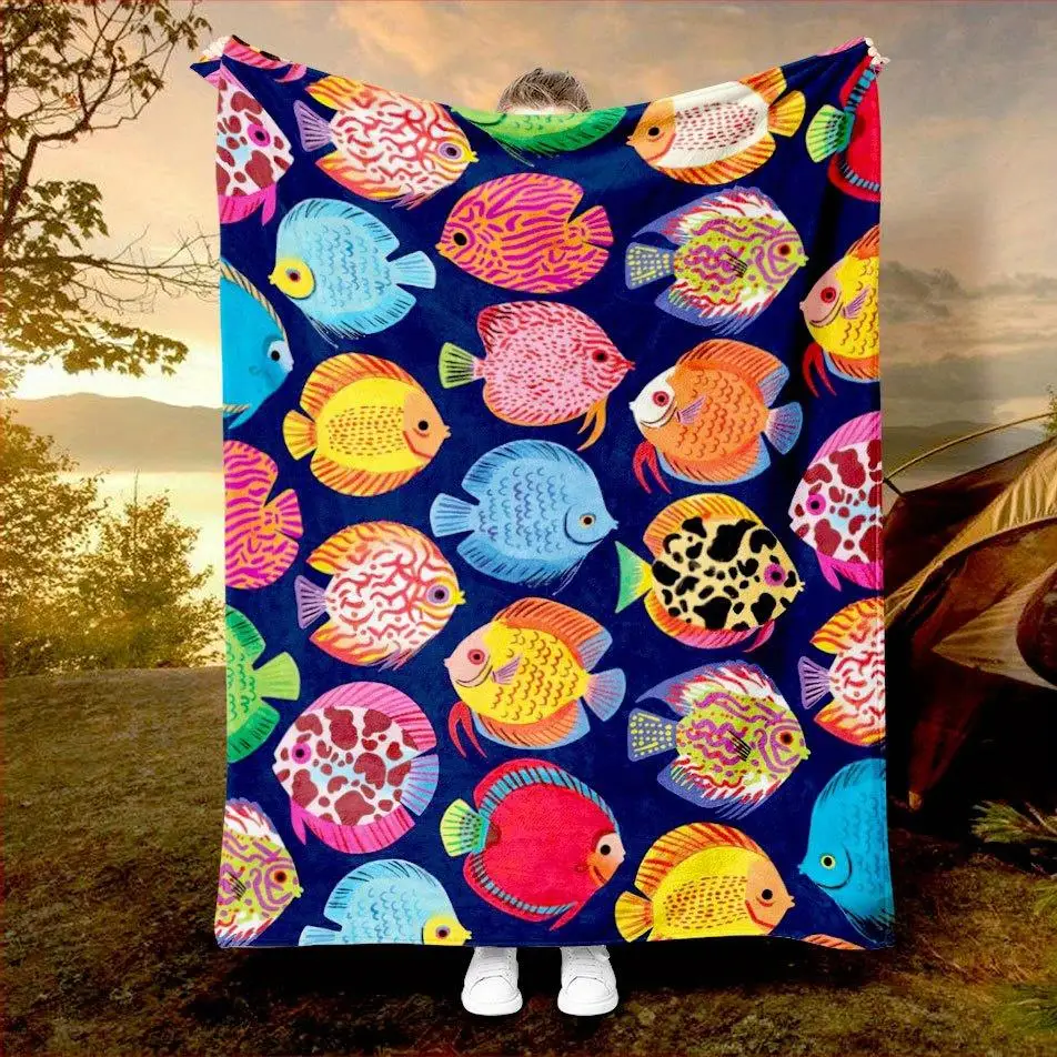 Colorful marine fish pattern Flannel printed blanket suitable for all seasons suitable for living room office sofa and travel