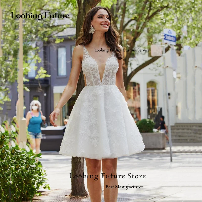 Simples mini vestido de casamento linha a alças espaguete apliques de renda destacável manga curta plissado sexy decote em v sem costas personalizado