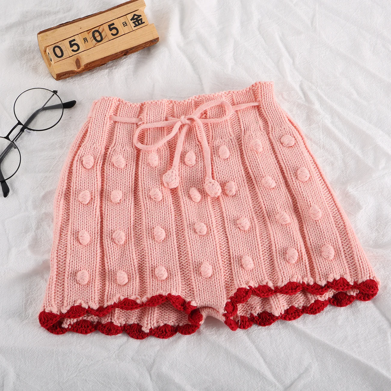 Toddler Girl Pom Pom Short Pants 4 Season Knitwear 100% Cotton Drawstring Shorts Knitting Clothes for Girls