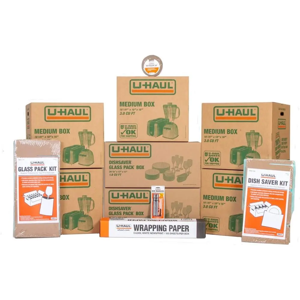 

Kitchen Relocation Essentials: Dish & Glass Kit, Medium Boxes, Packing Supplies, Tape & Markers