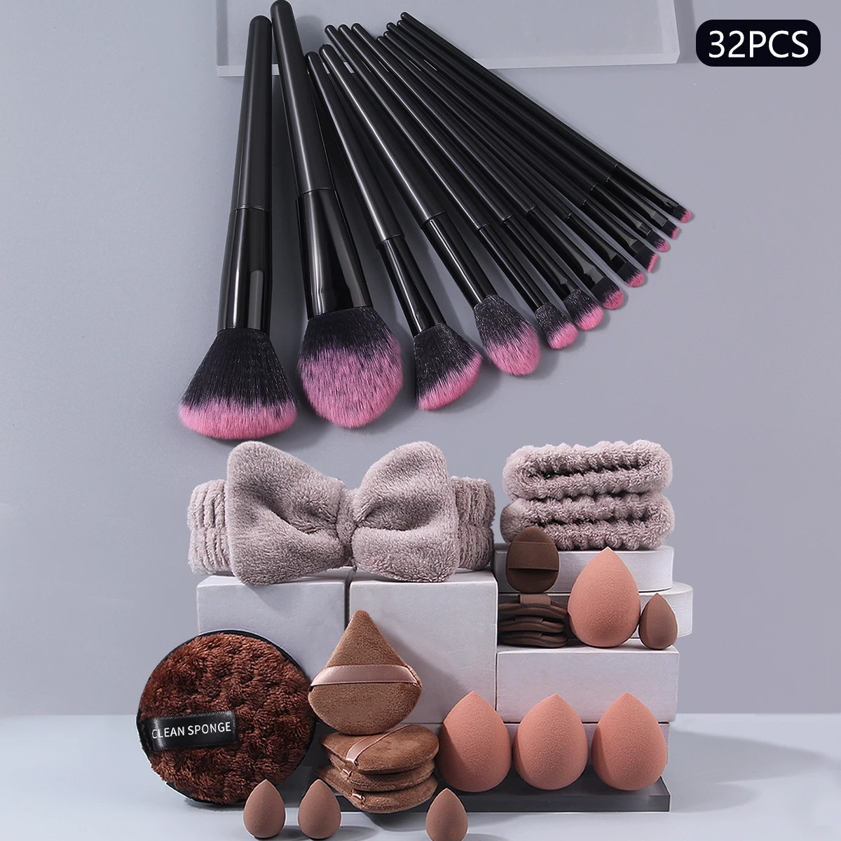 Juego de brochas de maquillaje multiusos, 32 Uds., esponja de maquillaje sin obstrucciones, esponja para polvo de huevo y banda para el cabello de limpieza suave, juego de correas para la muñeca