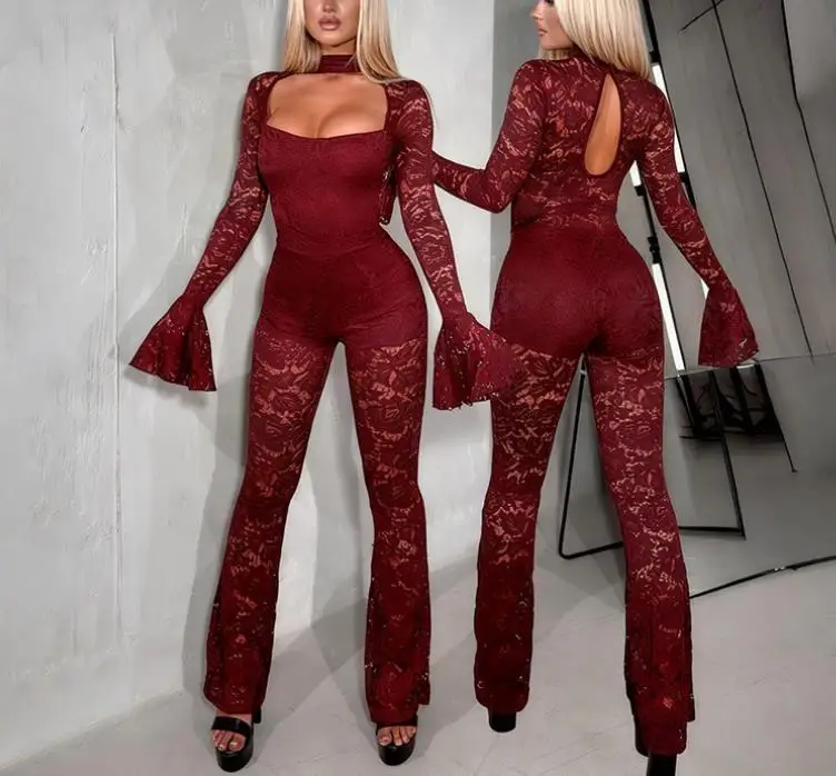 

Женский комбинезон 2026: Новинка весны-осени, однотонный, с квадратным вырезом, модный, сексуальный, с открытой спиной, расклешенными рукавами и кружевными вставками