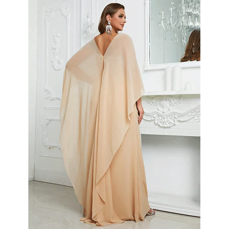 Plus Size Chiffon Elegant Shawl Shiny Long Ball Evening Gown 5XL 6XL Big Size Shawl Chiffon Apricot Sequin Evening Gown Women