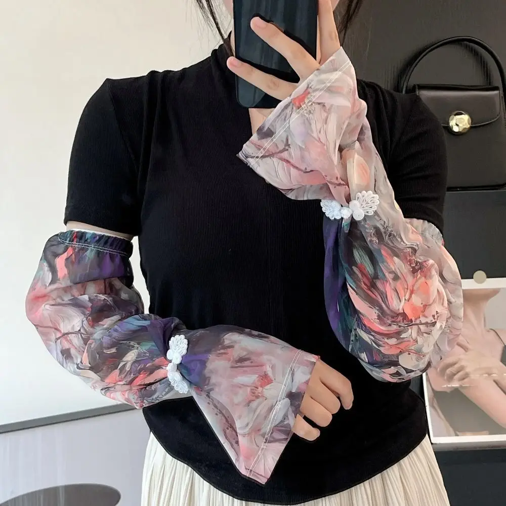 Chinese Style Buckle Printed Ice Silk Sleeves Anti-UV Flower Chiffon Sunscreen Sleeve Long-sleeved Glove UV Insulation