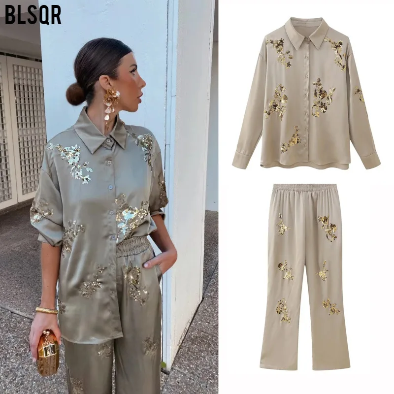 

2024 New Sequin Embroidery Loose Long Sleeve Women's Shirt + Casual Pants Two-piece Set Ensemble Femme 2 Pièces Été