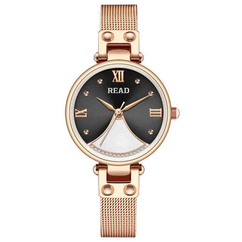 READ Women Quartz Watch | Bicolor Roman Numeral Dial | Rose Gold Milanese Mesh Band | 30M Water Resistant Folding Clasp Watch