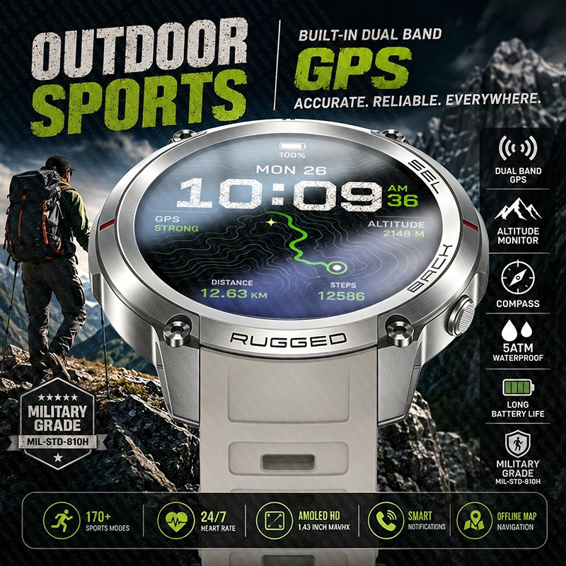 New Outdoor Pioneer Sports Men Smart Watch Built-in GPS Offline Map Compass 5ATM Waterproof BT call AMOLED HD Health Smartwatch