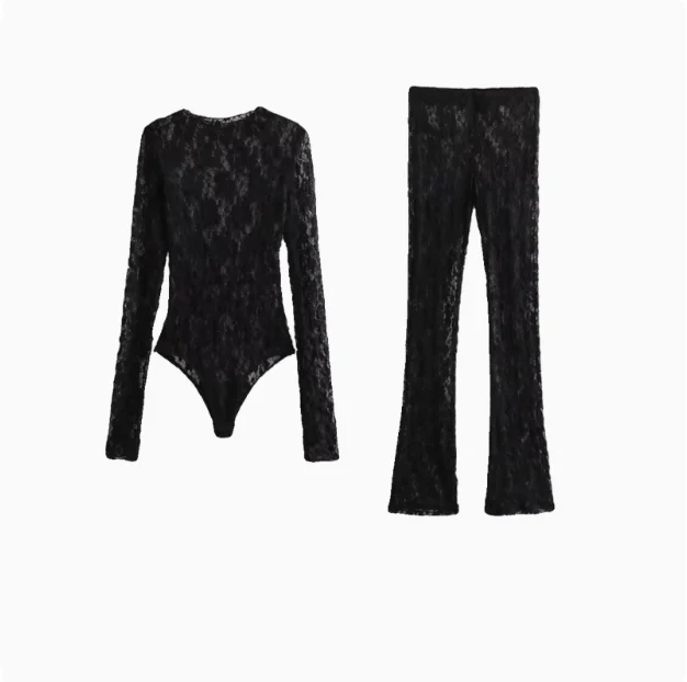 

Designers Lace Jumpsuit with Slit as a Base Pant Long Sleeve round Neck Casual Style Summer Collection for Women
