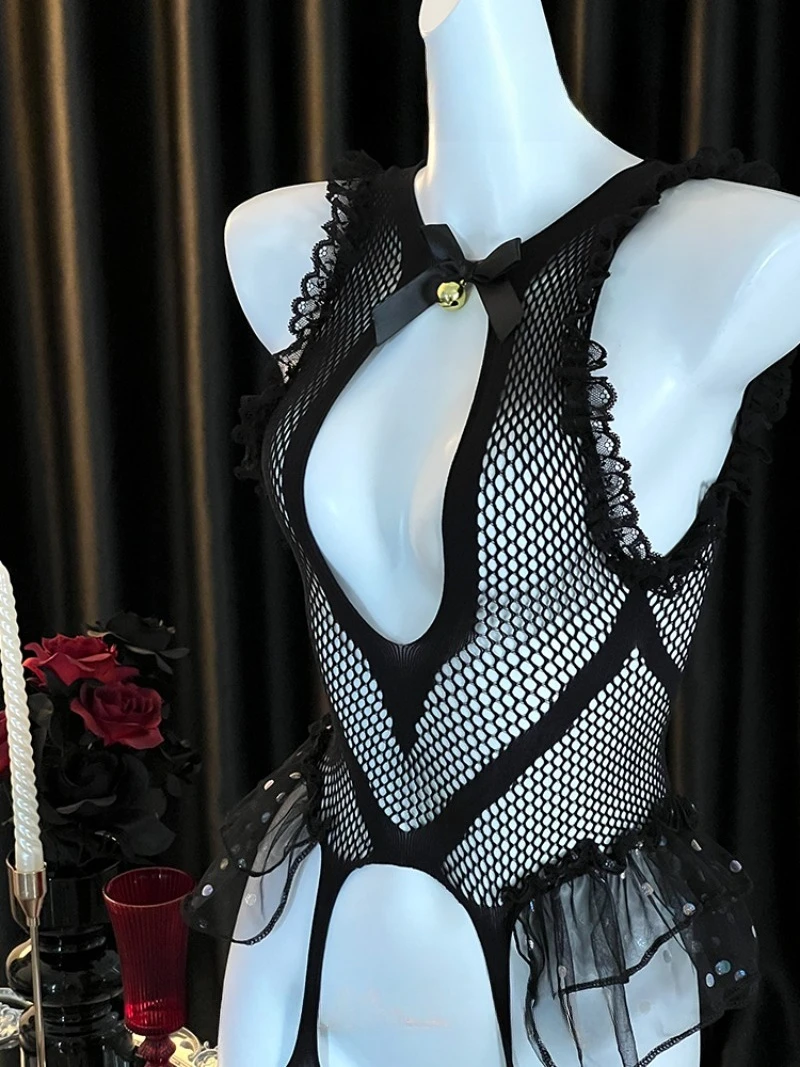 ملابس داخلية Catgirl Fishnet للنساء، فستان مثير من قطعة واحدة، زي تاريخ رومانسي، شبكة شفافة مع مجموعة جوارب #2
