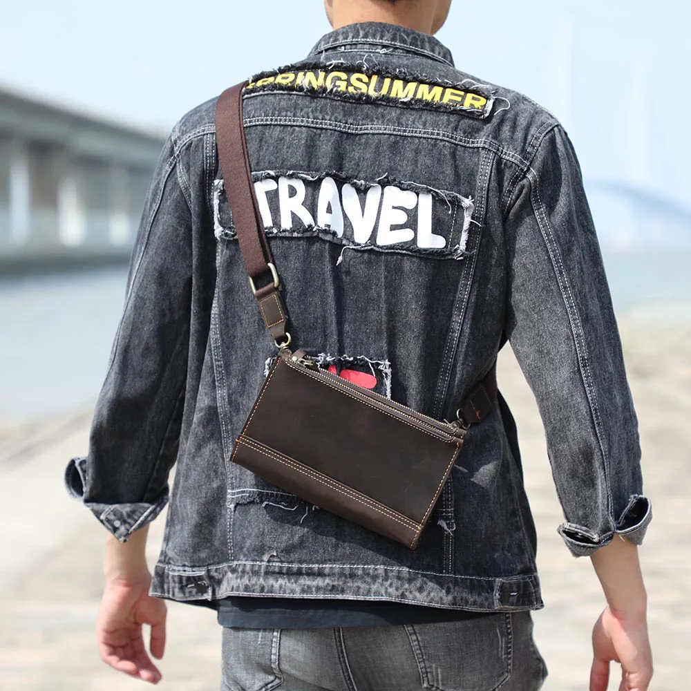 Echte Leder-Umhängetasche für Herren, Clutch-Tasche, Vintage Crazy Horse Crossbody-Taschen für Männer, Mini-Multifunktions-Geldbörse – Detail 6