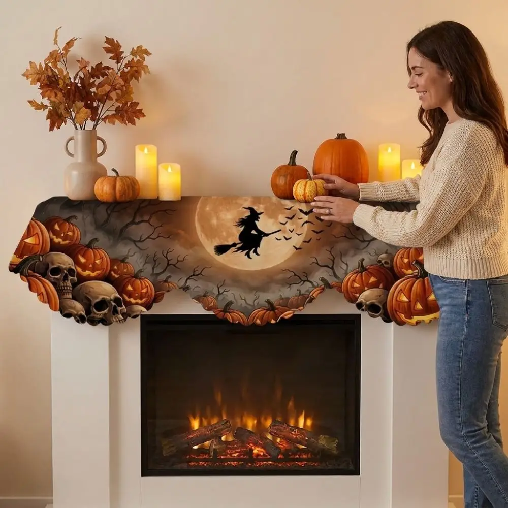 Scalloped Edge Halloween Mantel Scarf Haunted House Country-Style Spooky Fireplace Topper Pumpkin Theme Cute Ghost