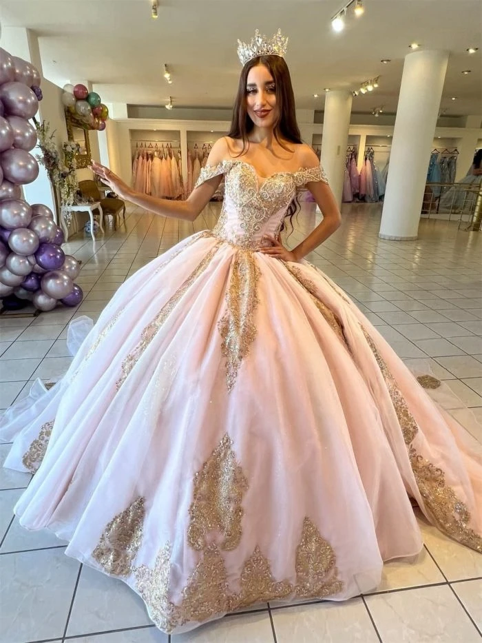 Vestidos de Quinceañera de princesa champán, vestido de baile sin hombros, apliques de tul, dulce 16 vestidos, 15 Años, mexicano