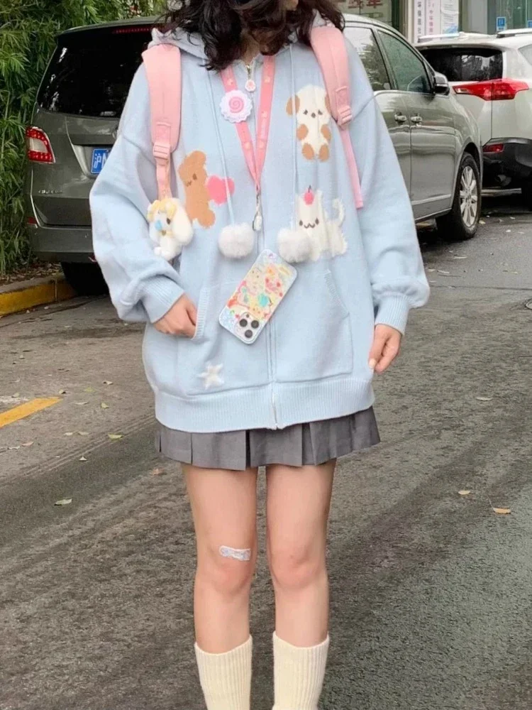 HOUZHOU Japanese Fashion Kawaii Zipper Knitted Cardigan Women Y2k Harajuku Cute Cat Print Loose Hooded Sweater Soft Girl 2023