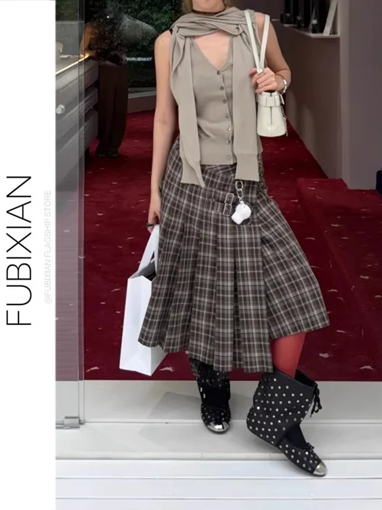 

Faionable Blogger Wrap Vintage Brown Plaid ket Pleated Midi Skirt American High Waist Midi Dr Ladies' Casual Skirts