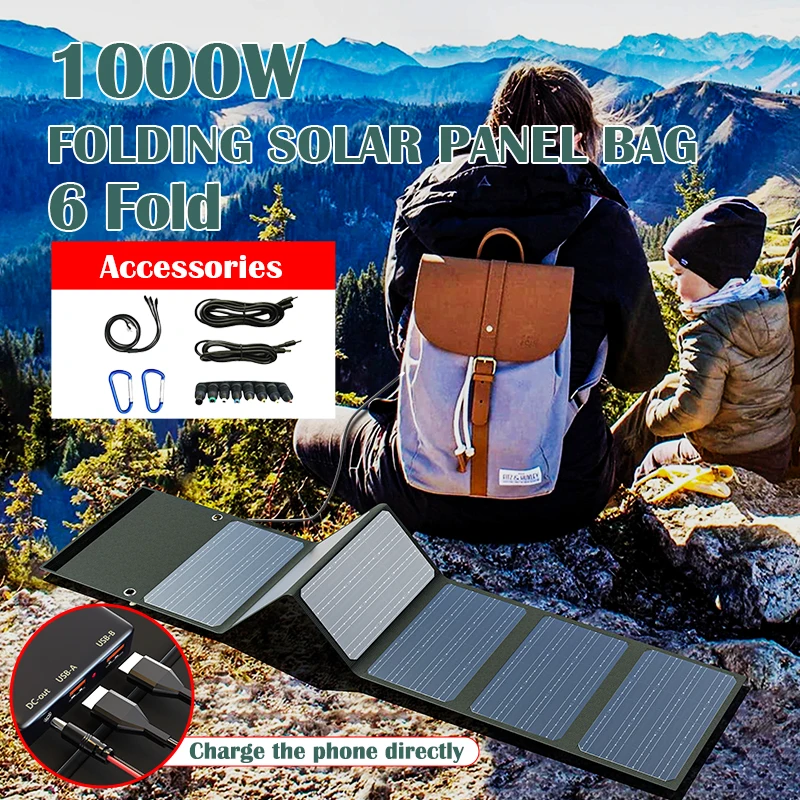 1000W 6-fach faltbare Solarpanel-Tasche, tragbares Solarladegerät mit DC-USB-Ausgang für Handy, Powerbank, Outdoor-Camping, Wandern, Reisen