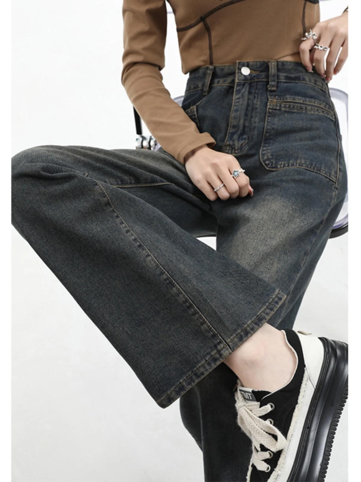 

Джинсы больших размеров в стиле ретро, женские модные джинсы с высокой талией и широкими штанинами, свободные облегающие джинсы прямого кроя, осень-зима, мода