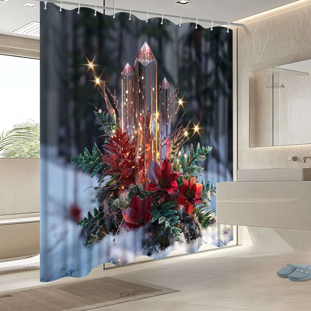1pc 2D Flat Shower Curtain, Crystal Red Flower & Sparkling Pine Leaves Winter Holiday Printed Shower Curtain, Decor for Bathroom