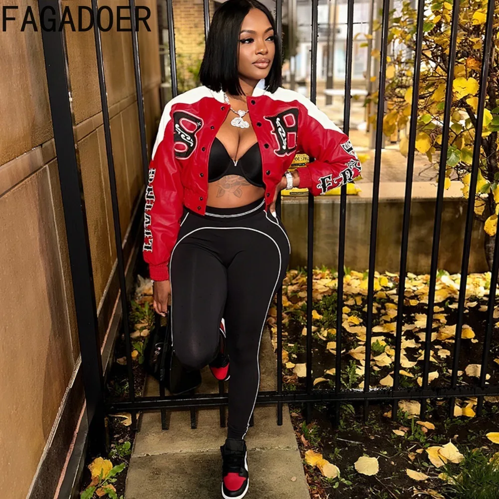 FAGADOER Fashion Letter Print Leather Patchwork Coat Jacket Women Moto Zipper Long Sleeve Bodycon Crop Top Female Streetwear New