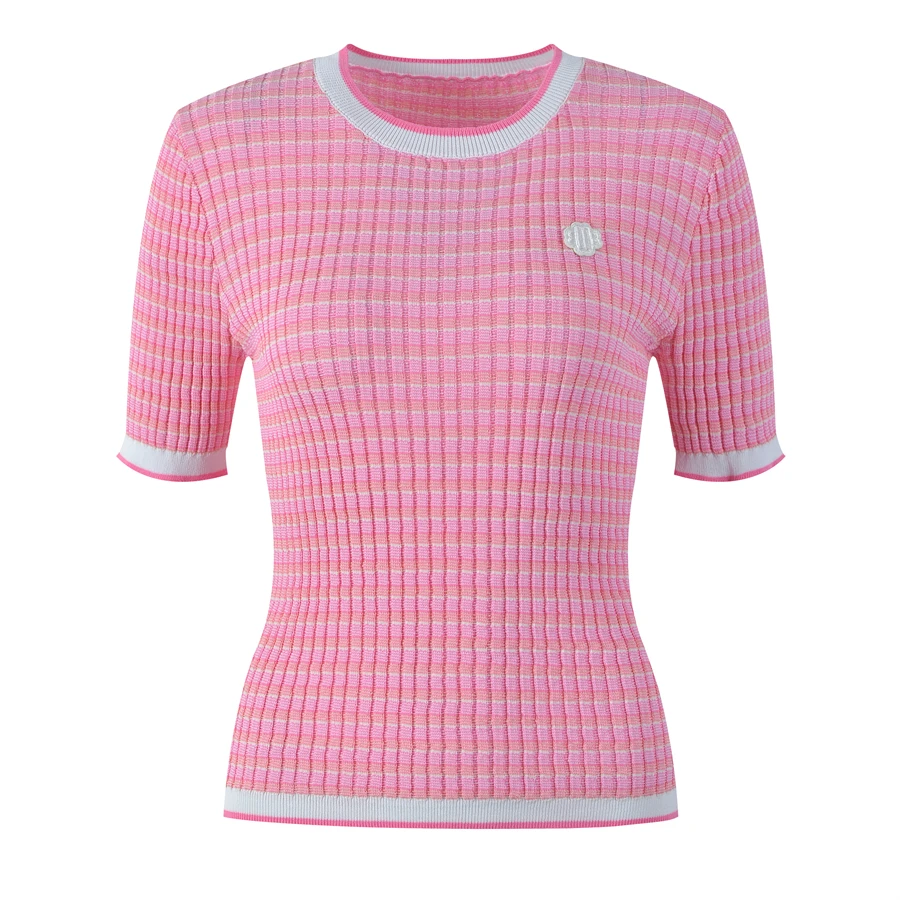 เสื้อยืดไหมพรมลายสก็อตสีชมพูหวาน สไตล์แฟชั่นสำหรับผู้หญิง รุ่นใหม่ประจำฤดูร้อน ระดับไฮเอนด์