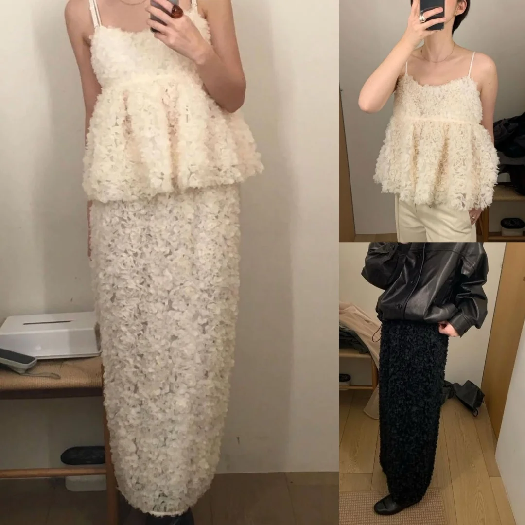 

Spring 2025 Dongdaemun Mooha 3D Flower Print Strap Top And f Skirt Set Women's Faion Ensemble Polyester round Ne