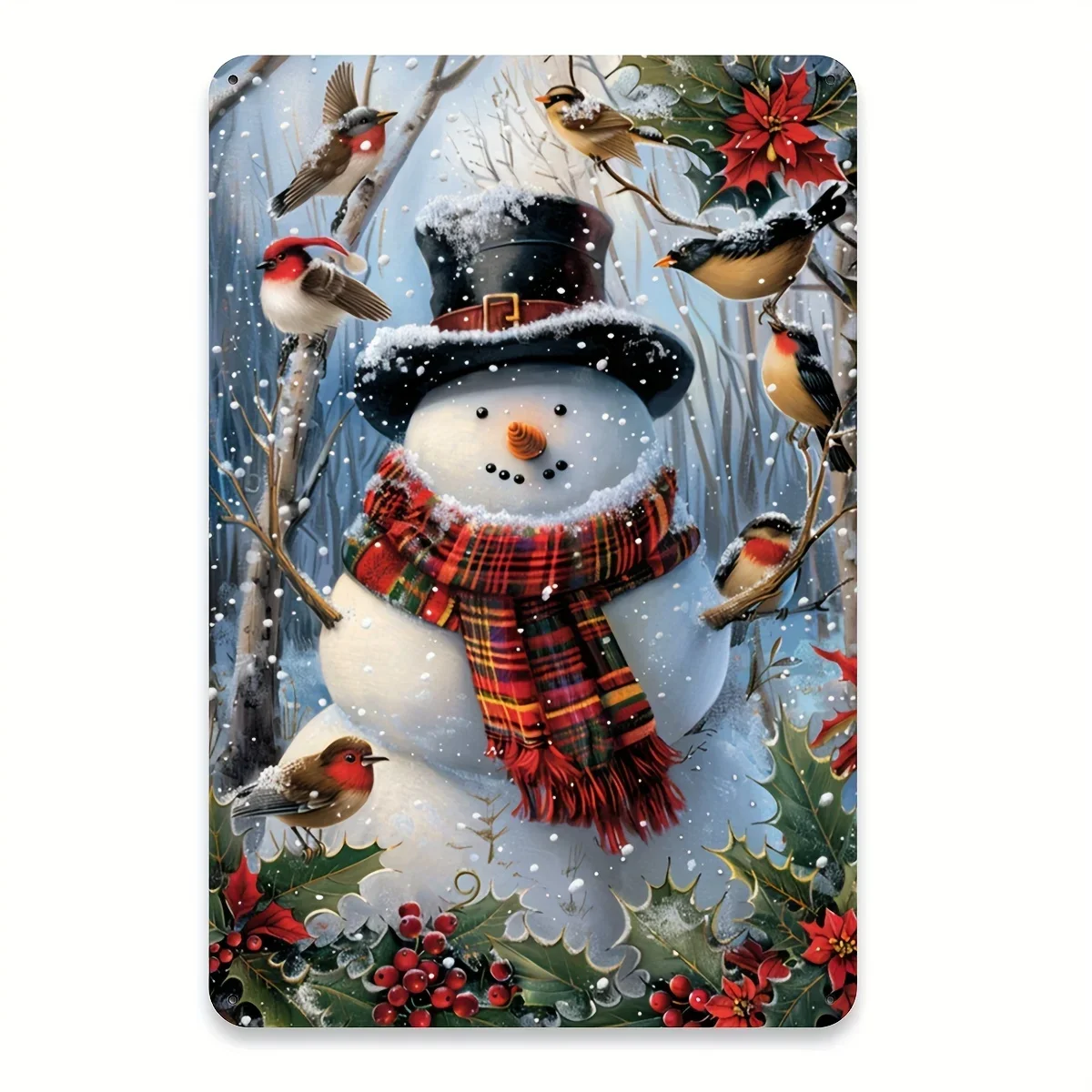 Letrero Metálico Vintage de Navidad con Diseño de Muñeco de Nieve - 20.32x30.48 cm, Decoración Rústica para Pared con Bufanda a Cuadros y Bayas Rojas, Sin Electricidad