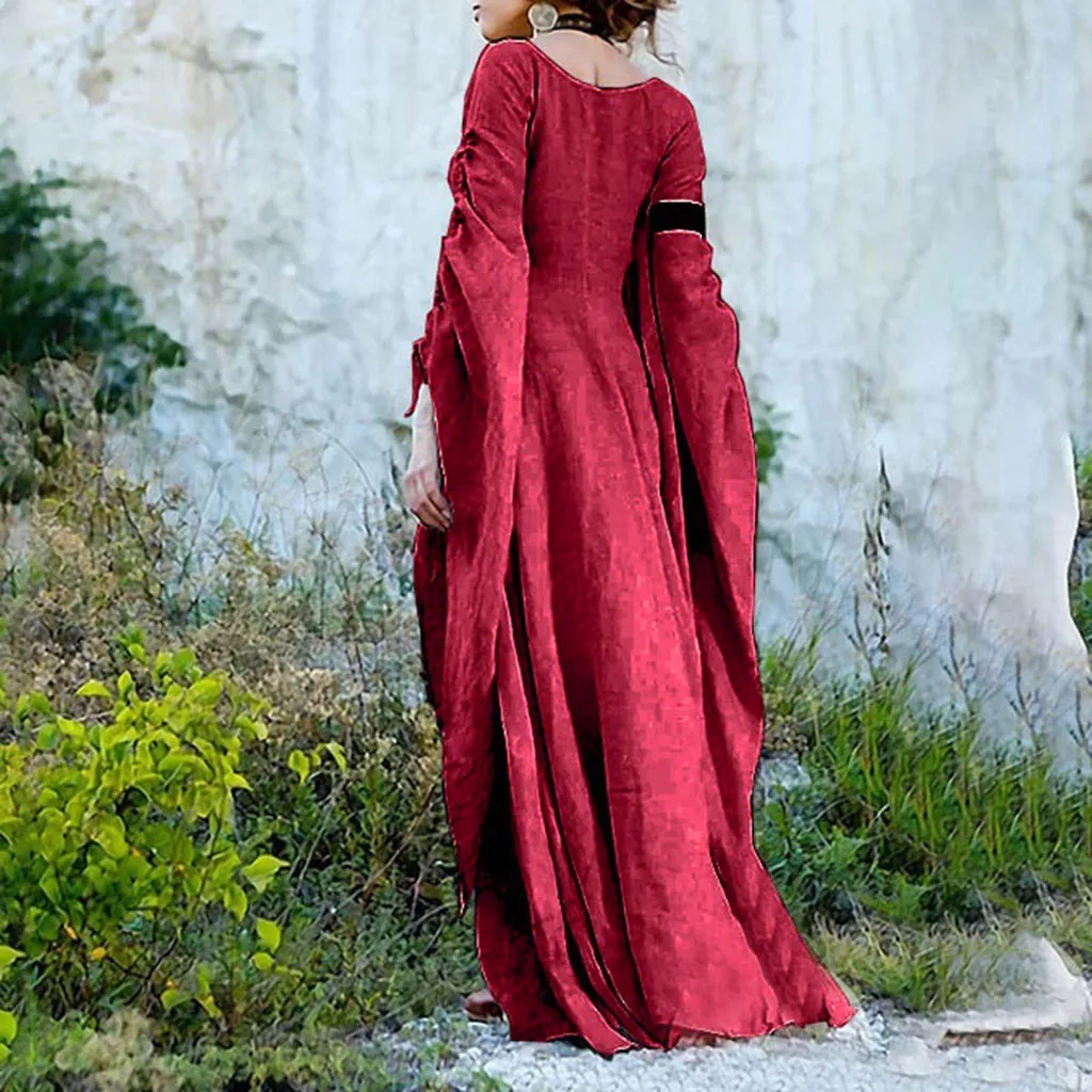 Renaissance Retro Long Flare Sleeve Maxi Dress Vintage Gothic Victoria Style Medieval Solid Color Cotton Linen Halloween Costume