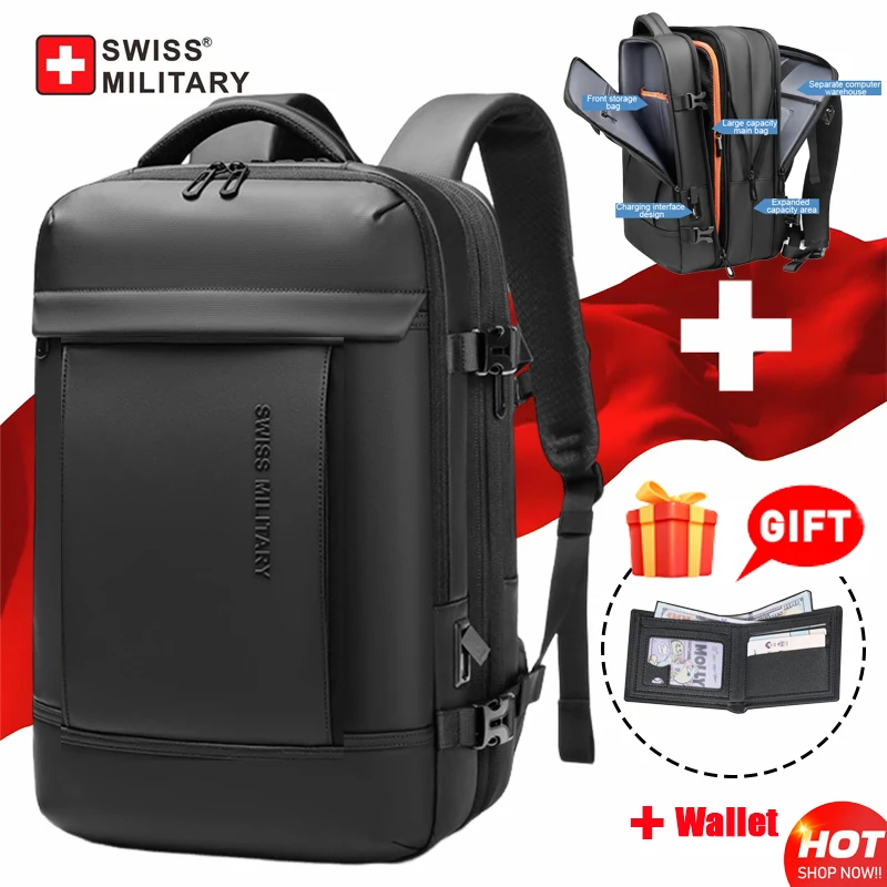 SWISS MILITARY New Travel Backpack Men Business Backpack School Expandable USB Bag Large Capacity 17 Laptop Waterproof Backpack