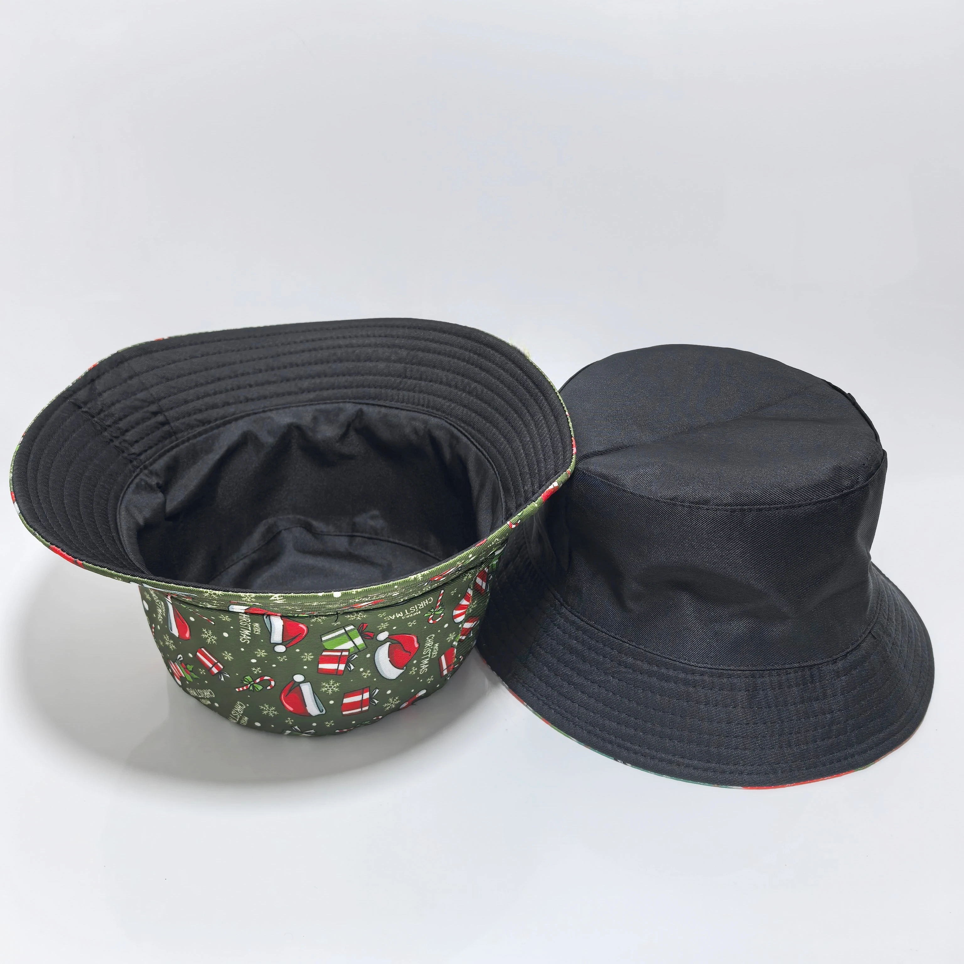 Unisex Reversible Christmas Bucket Hat Black Liner, Cute Santa Xmas Print Double Sided Sun Cap Holiday Party Costume Gift
