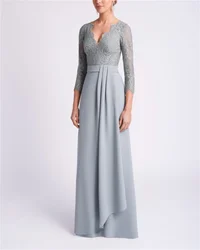 Elegante A-Linie grau Braut Mutter Ballkleid sexy V-Ausschnitt 3/4 Langarm Spitze Saudi-Arabien Abendkleid neue custom فساتين سفررة