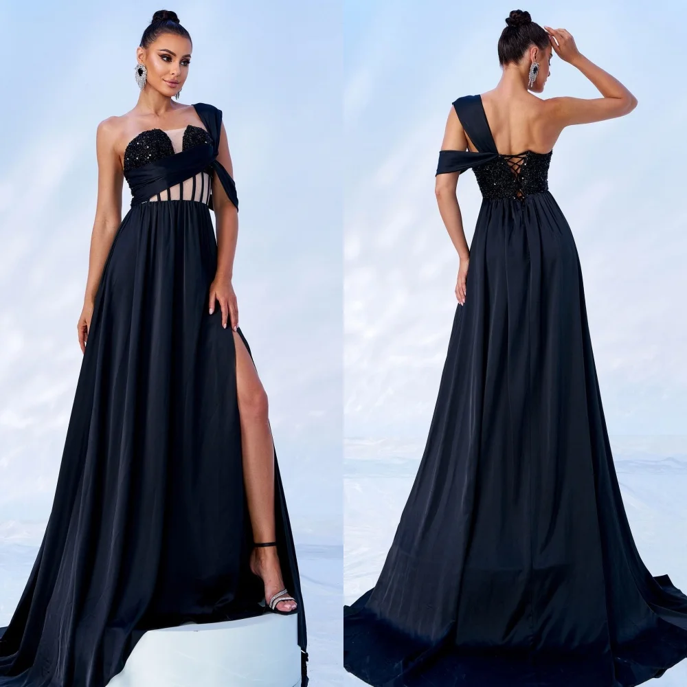 

Customized Sparkle Pleat Sequined A-line One-shoulder Midi Dresses Bespoke Occasion Dresses Exquisite Simple