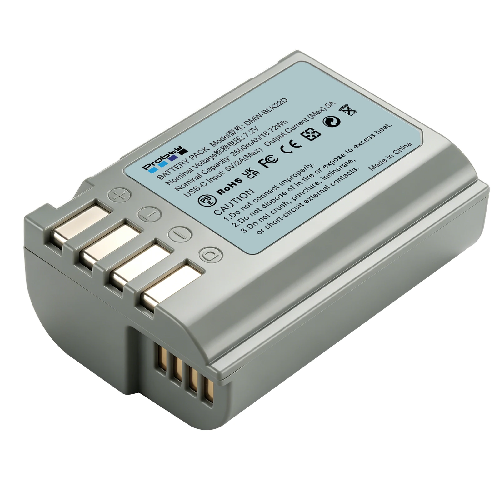 Probty 2600mAh DMW-BLK22 Battery With USB-C Port For Panasonic LUMIX S5, S5II, GH6, GH5, G5 II, S5 IIX, GH7, S9, G9 II