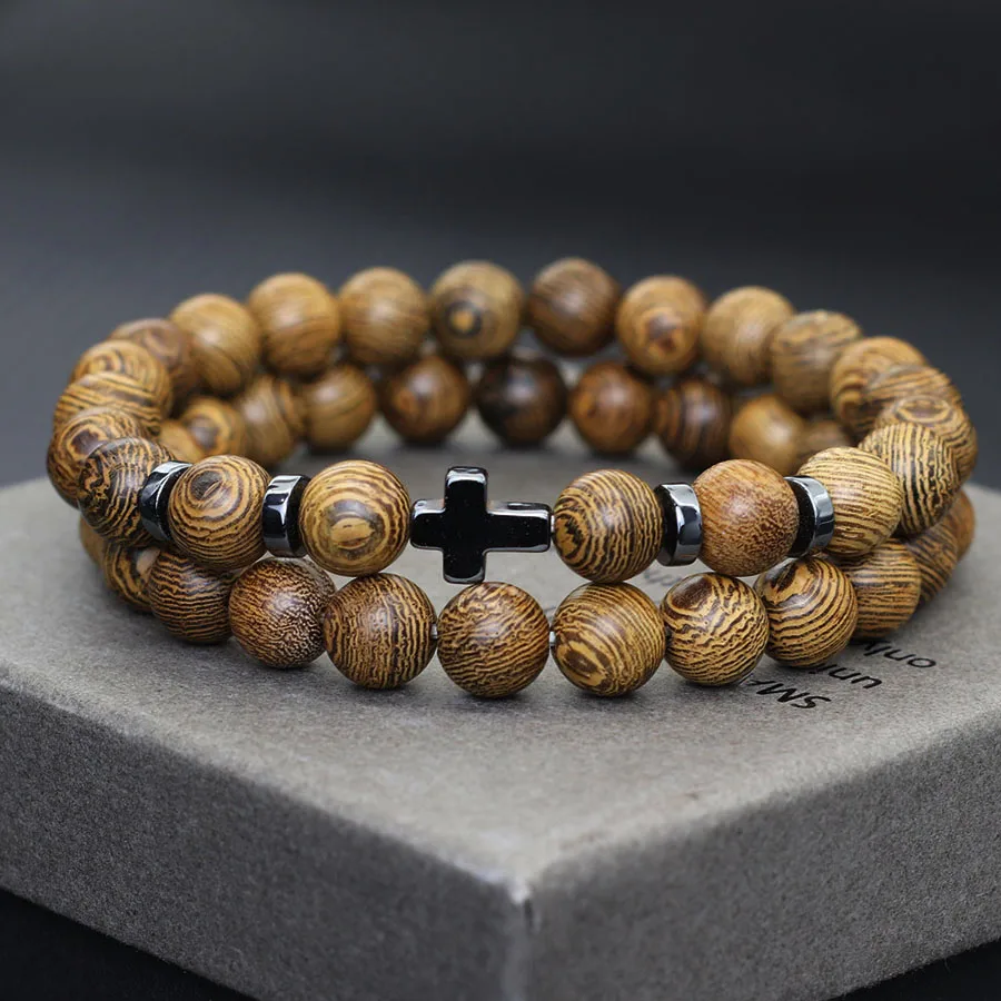 New 2Pcs Men Bracelet Set Natural Wenge Wooden Cross Braslet Prayer Hematite Healing Braclet Beaded Wrap Jewelry Accessories